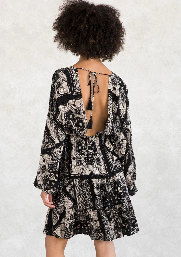 Dolman sleeve smocked mini dress in black taupe back view