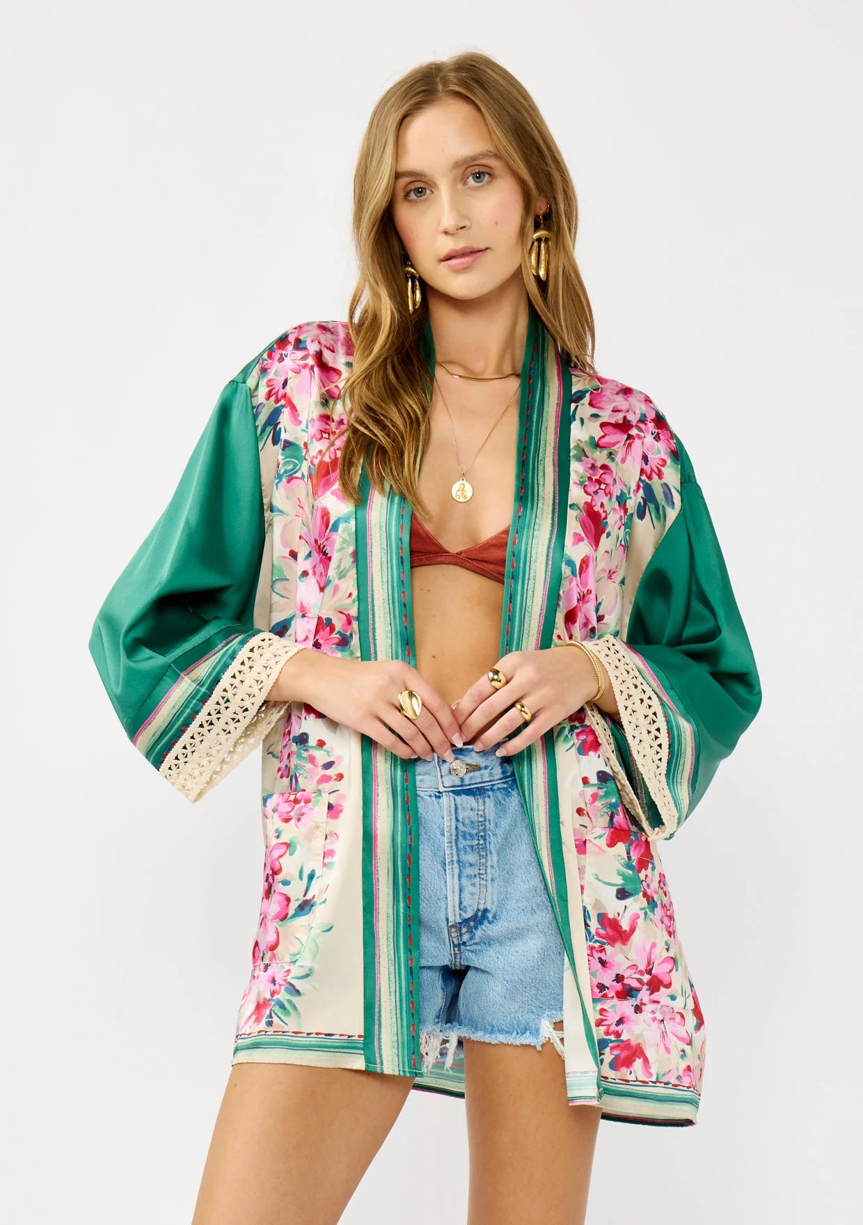 Floral Robe with lace trim sleeve front view