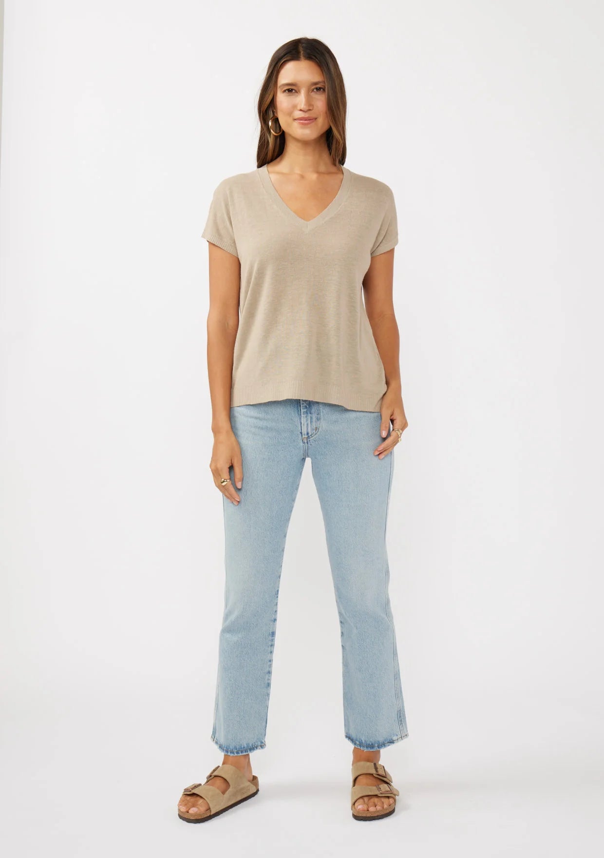 Linen vneck top in taupe front view