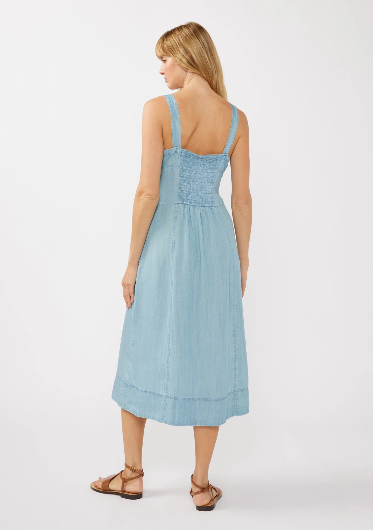 Square neck corset midi dress in light wash denim back view