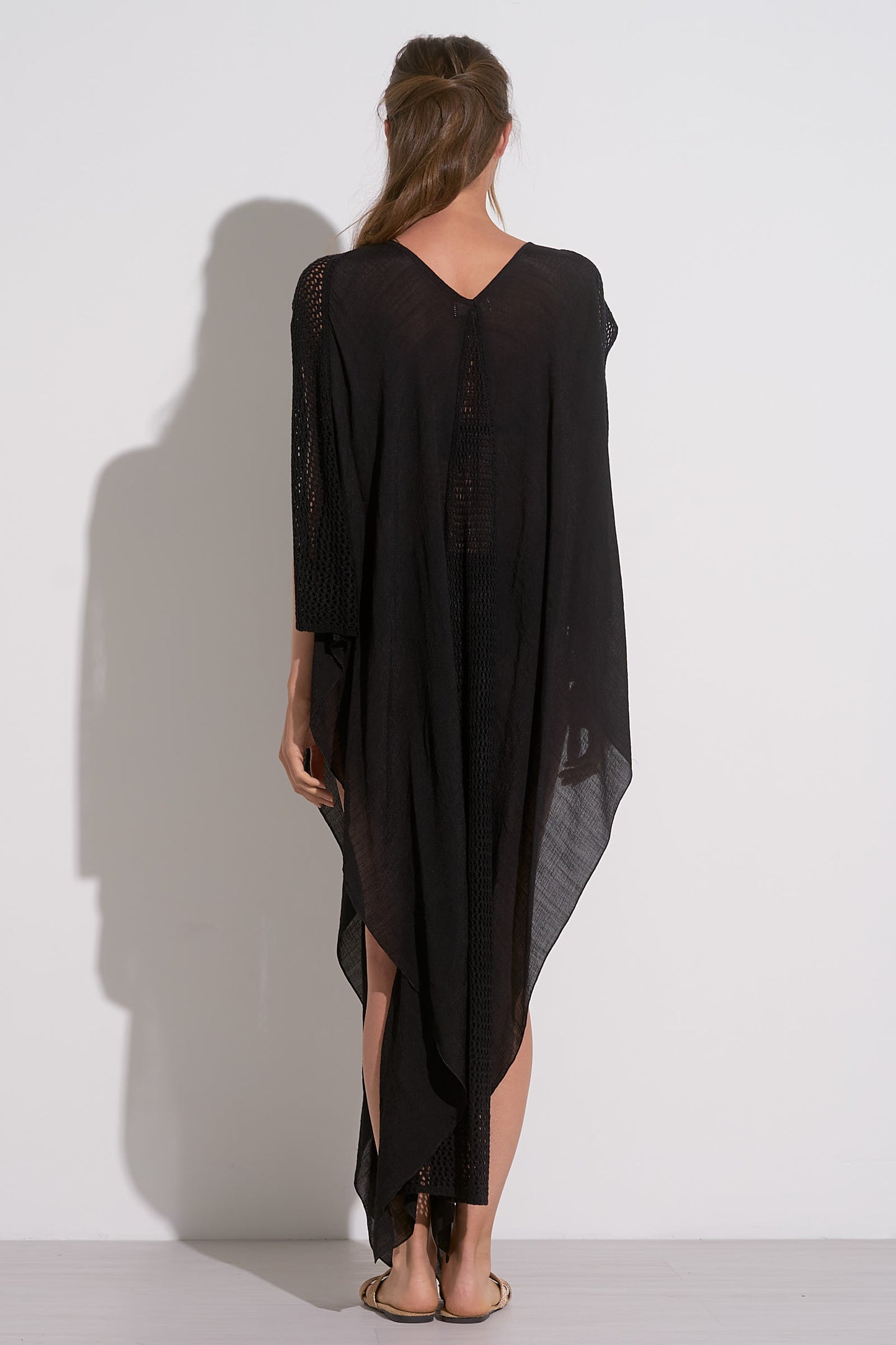 V-NECK CROCHET TRIM KAFTAN IN BLACK BACK VIEW