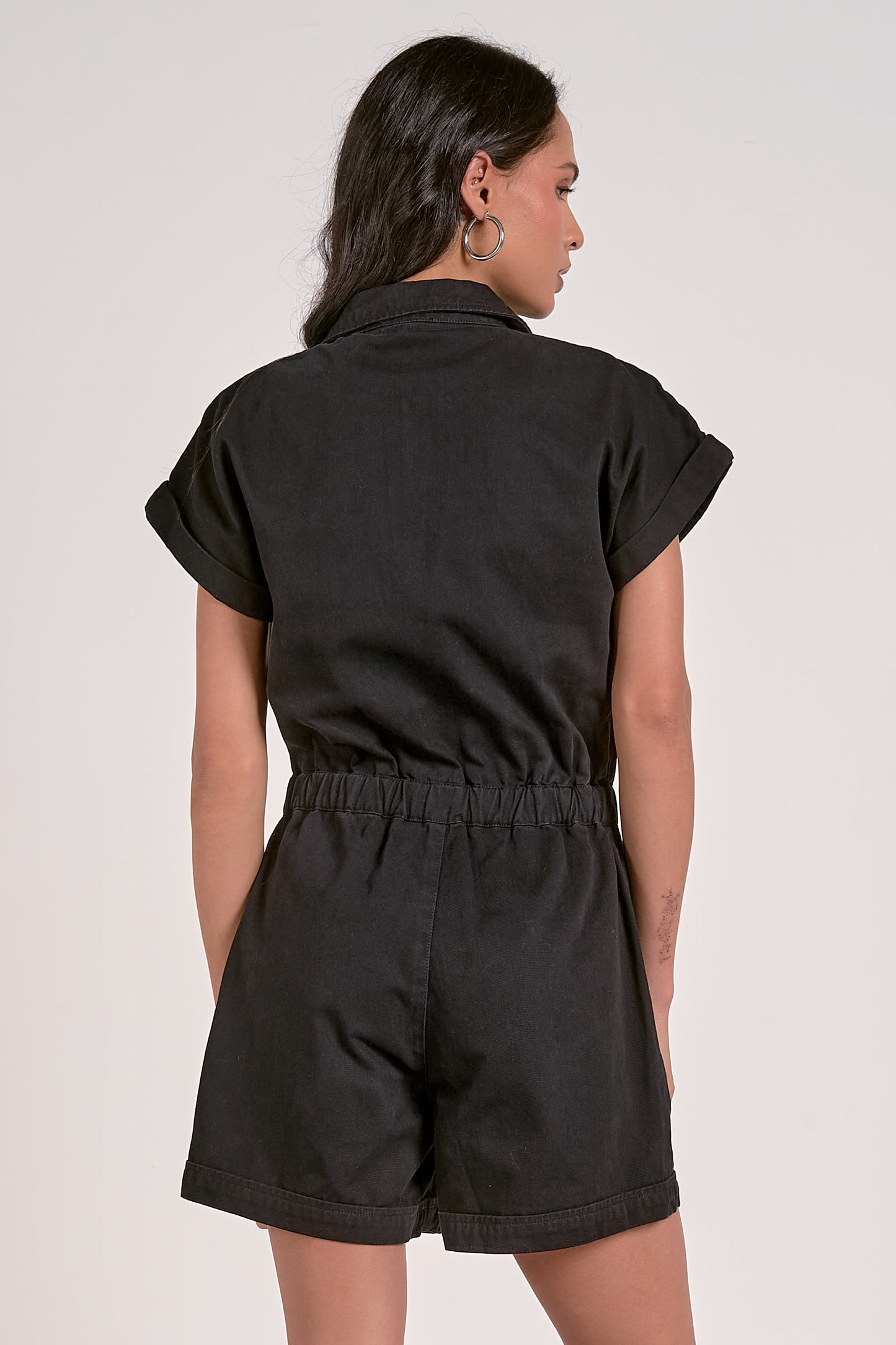 SHORT SLEEVE ZIPPER BELTED ROMPER IN BLACK BACK VIEW