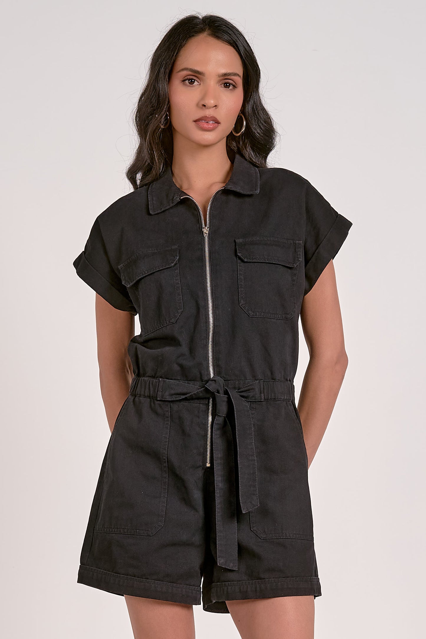 SHORT SLEEVE ZIPPER BELTED ROMPER IN BLACK FRONT VIEW