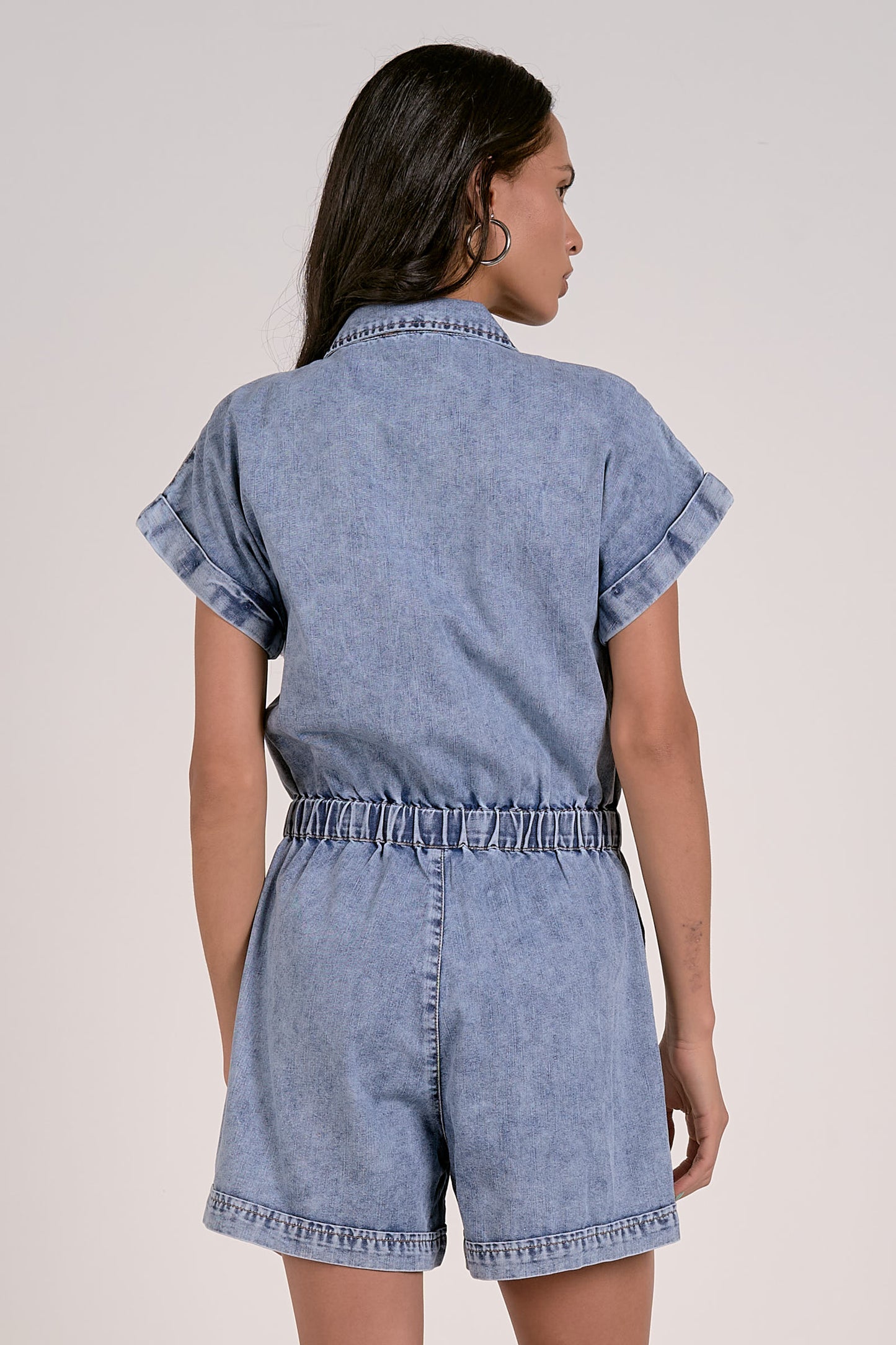 SHORT SLEEVE ZIPPER BELTED ROMPER IN DENIM WASH BACK VIEW