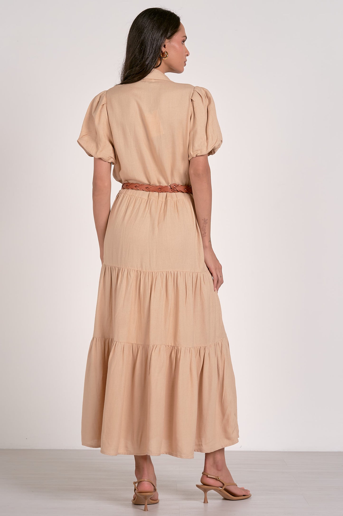 MIDI SHORT SLEEVE TIERED DRESS IN SAND BACK VIEW