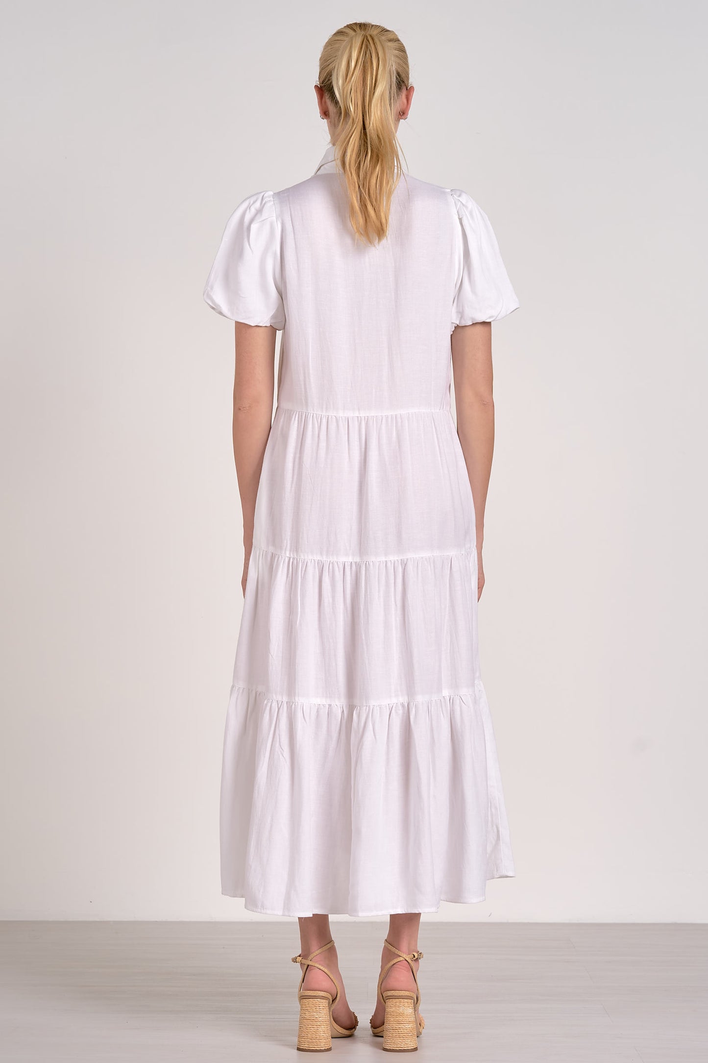 MIDI SHORT SLEEVE TIERED DRESS IN WHITE BACK VIEW