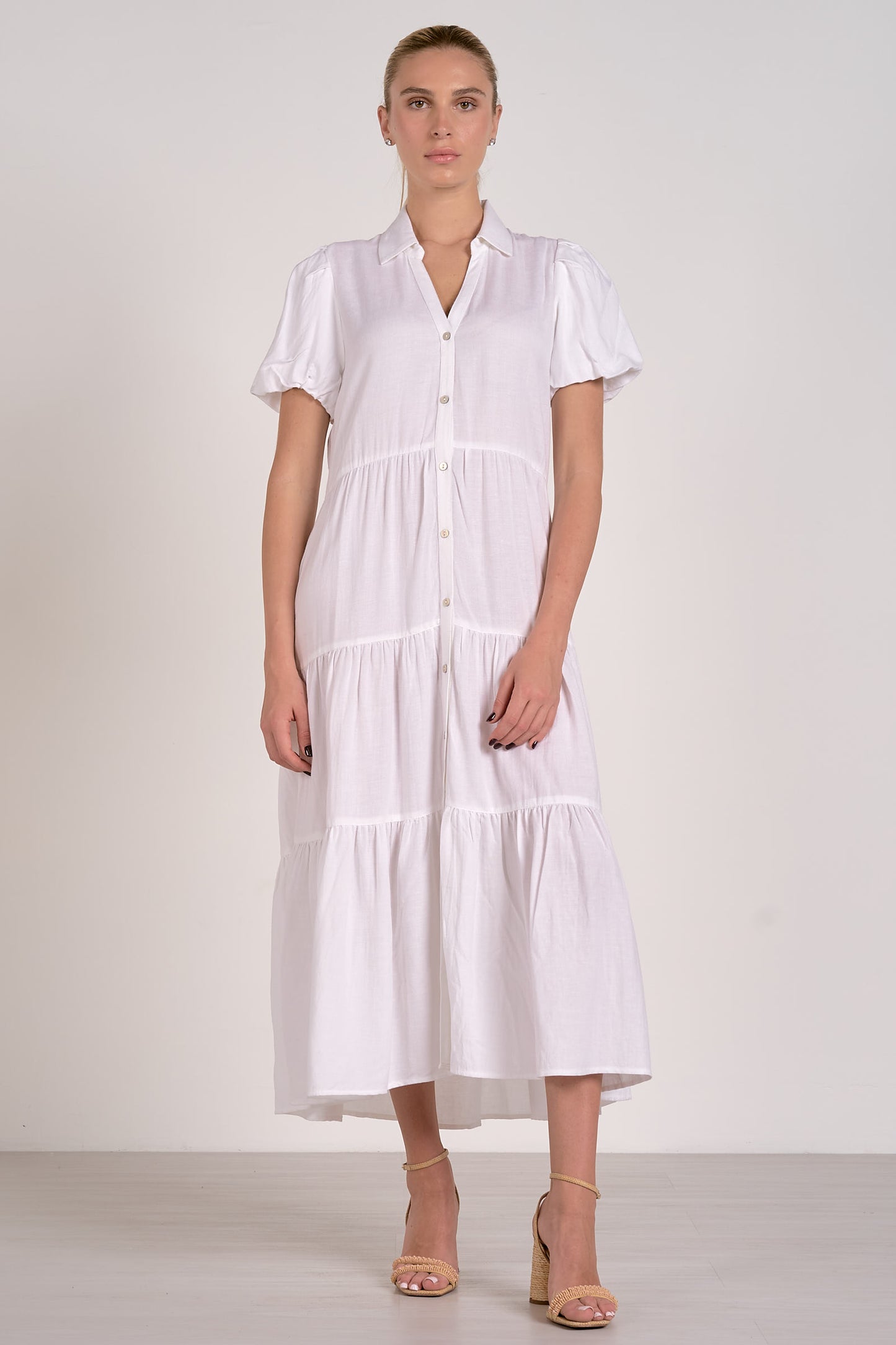 MIDI SHORT SLEEVE TIERED DRESS IN WHITE FRONT VIEW