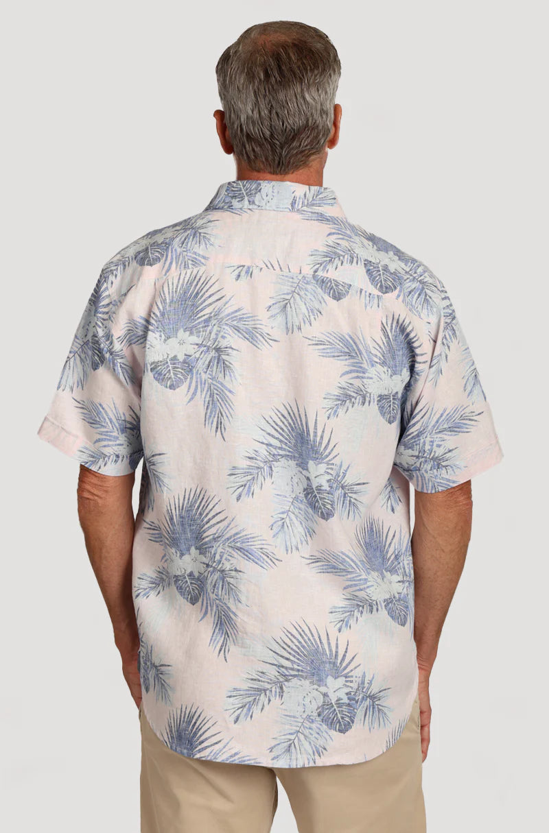 Short sleeve linen shirt pink with blue palm leaves back view