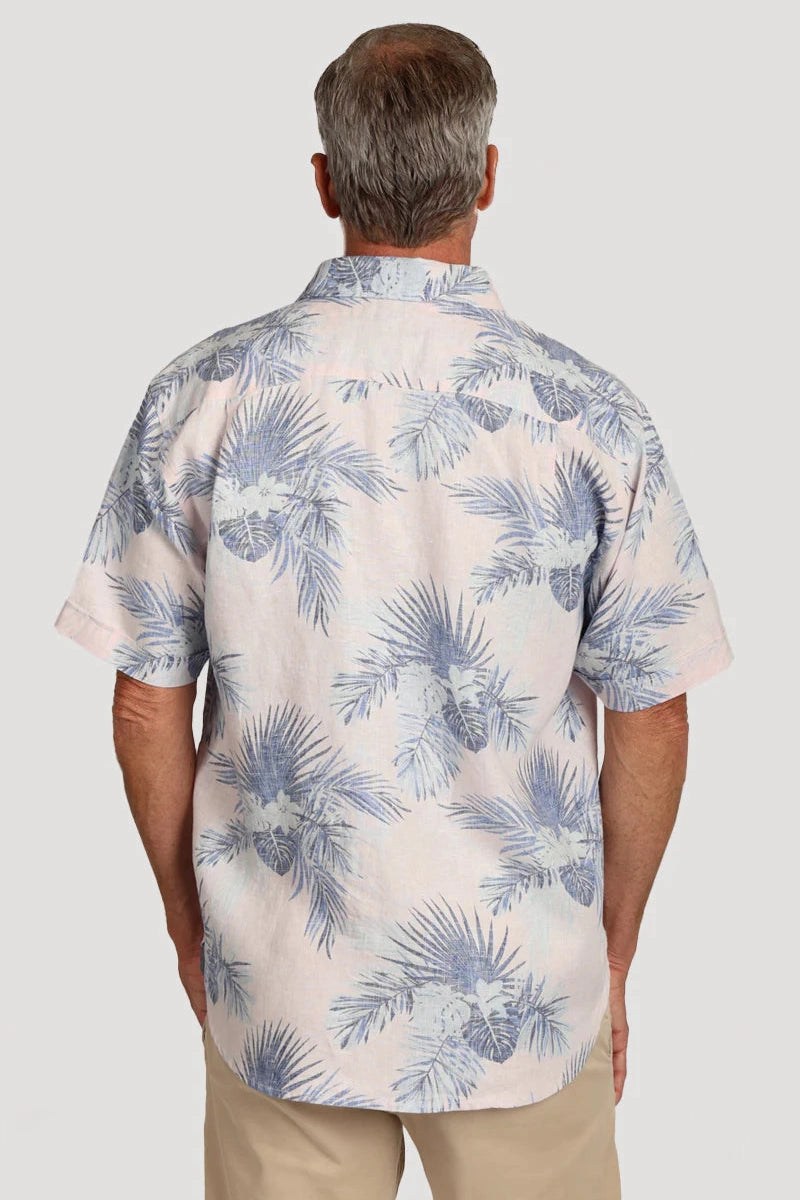 Back view: SHORT SLEEVE LINEN SHIRT with blue palm print, short sleeves