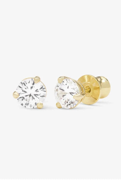 Gold-tone round stud earrings with clear 6mm stone, pair view