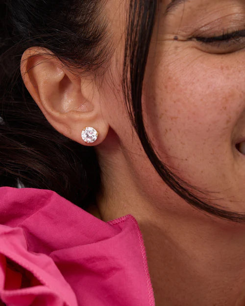 Not your basic 8mm stud earring in gold with white diamonds style view