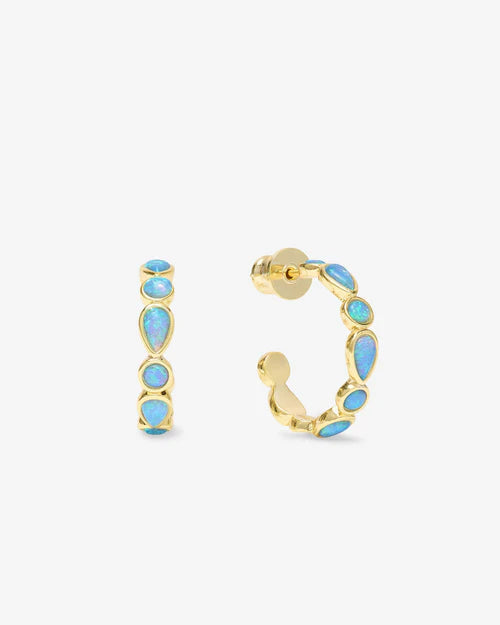 Isla hoops .75" in gold with blue opal