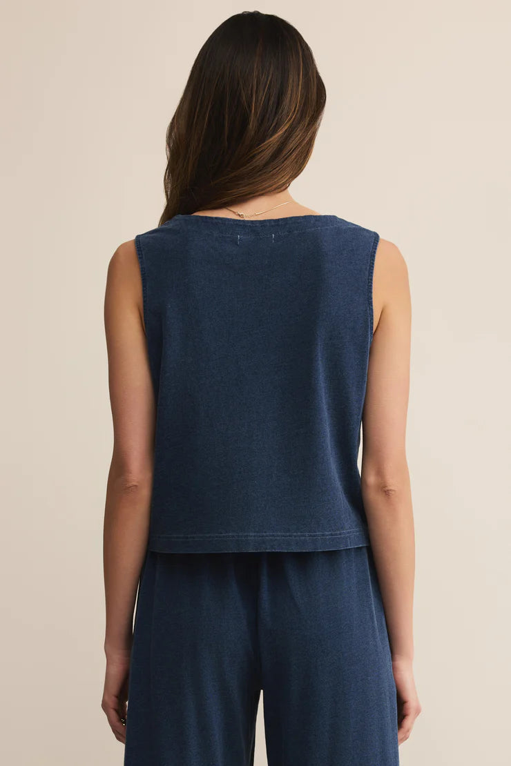SOLACE JERSEY DENIM TOP IN INDIGO BACK VIEW