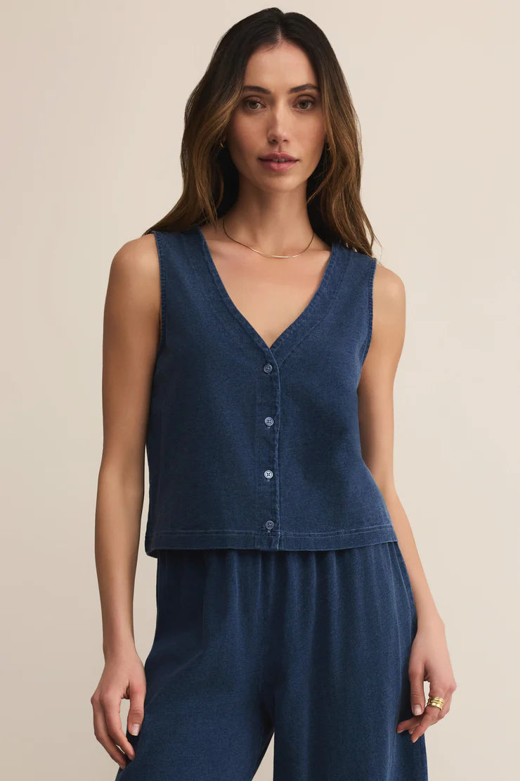 SOLACE JERSEY DENIM TOP IN INDIGO FRONT VIEW
