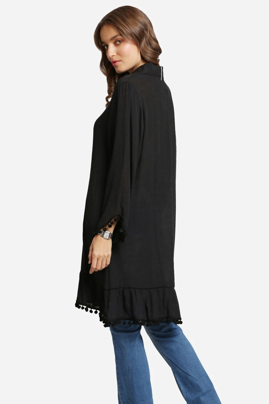 LONG SLEEVE MID LONG SHIRT POM TRIM IN BLACK BACK VIEW