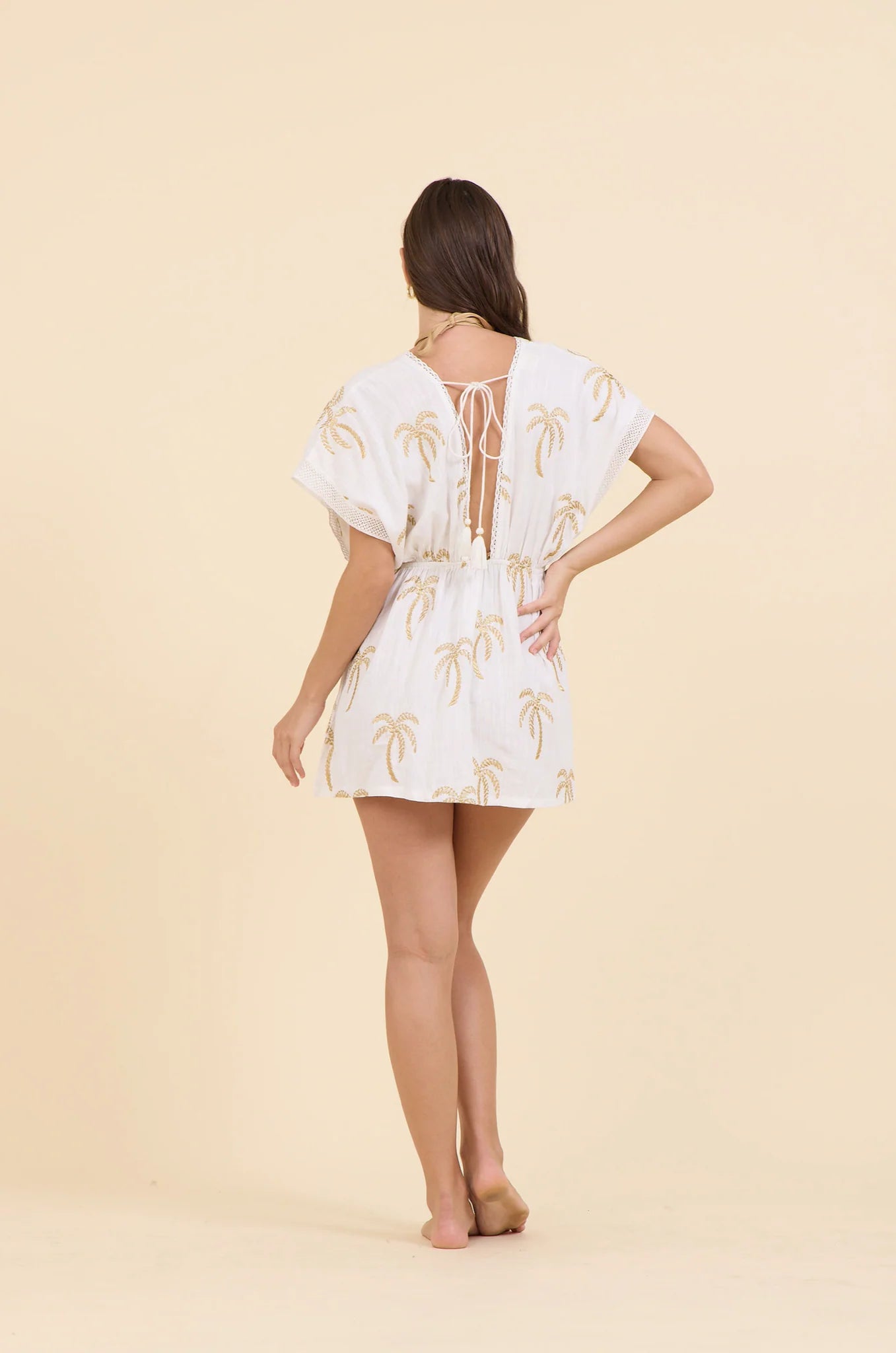 GOLDEN PALM EMBLEM COVER UP DRESS IN SOFT WHITE BACK VIEW