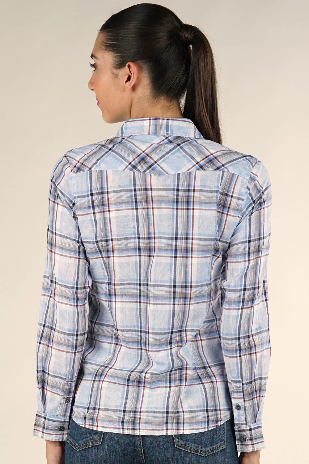 LONG SLEEVE PLAID SNAP FRONT SHIRT IN BLUE/RED BACK VIEW