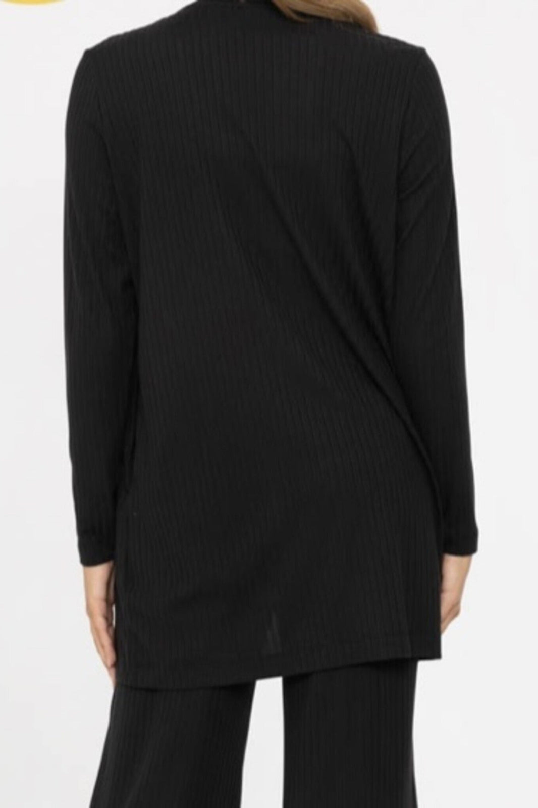 Ribbed longline cardigan black, back view with longer tunic length, long sleeves