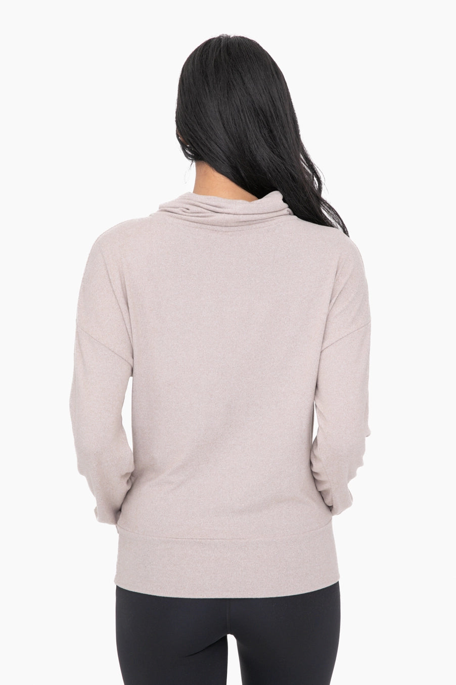 Brushed cowl neck lounge pullover in mocha back view