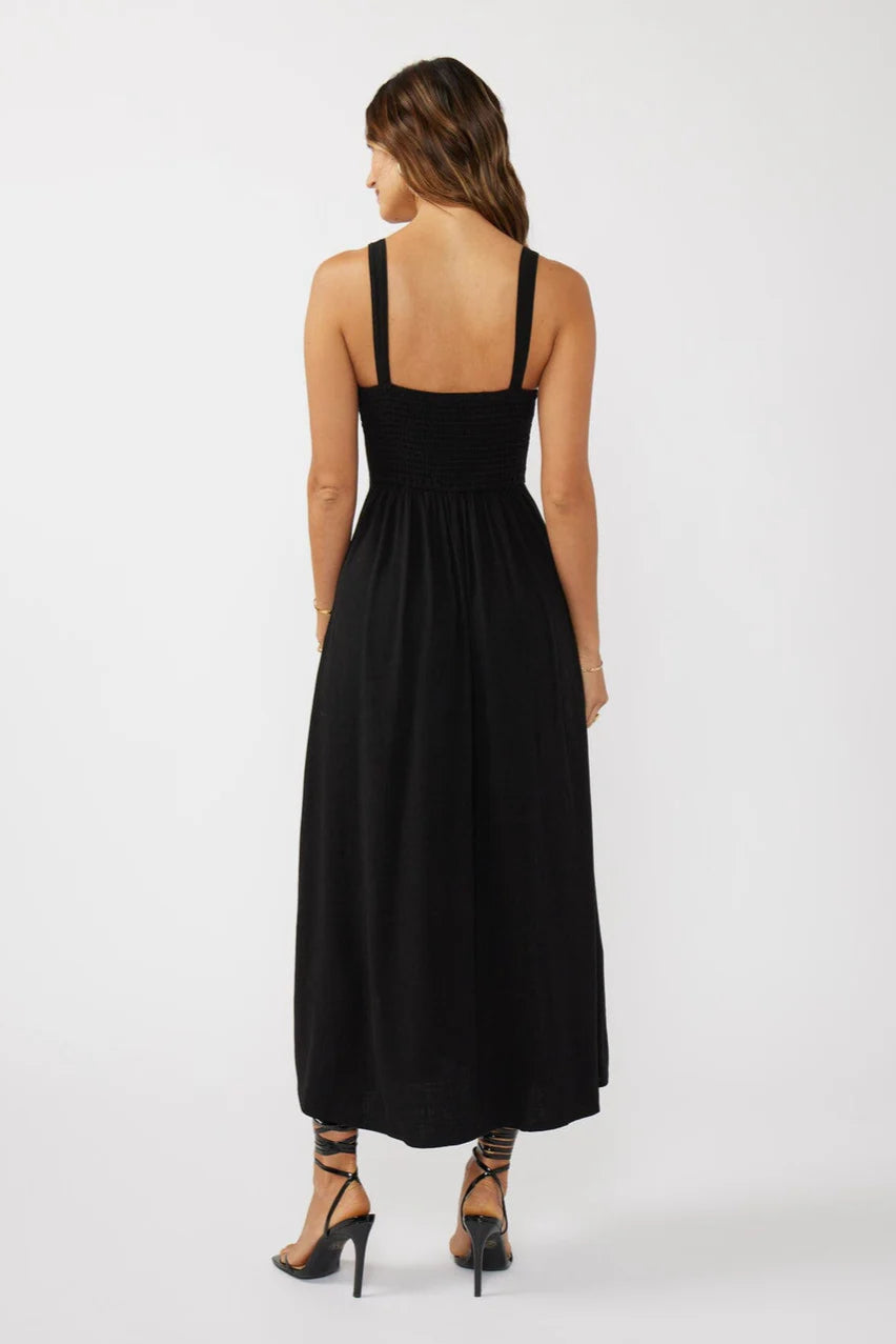 V-NECK RUCHED BUTTON DOWN MAXI DRESS IN BLACK BACK VIEW