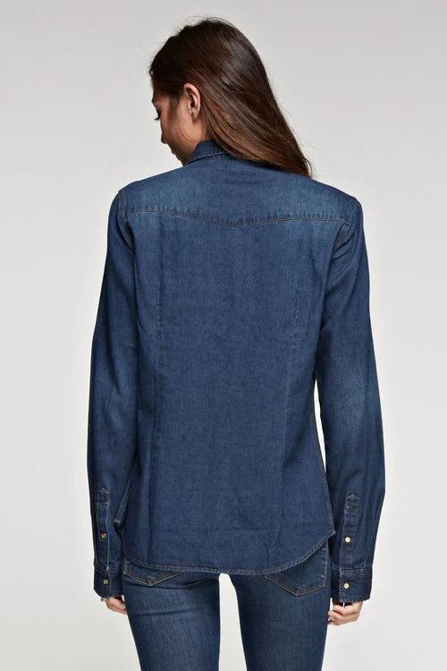LONG SLEEVE DENIM TOP IN DARK INDIGO BACK VIEW