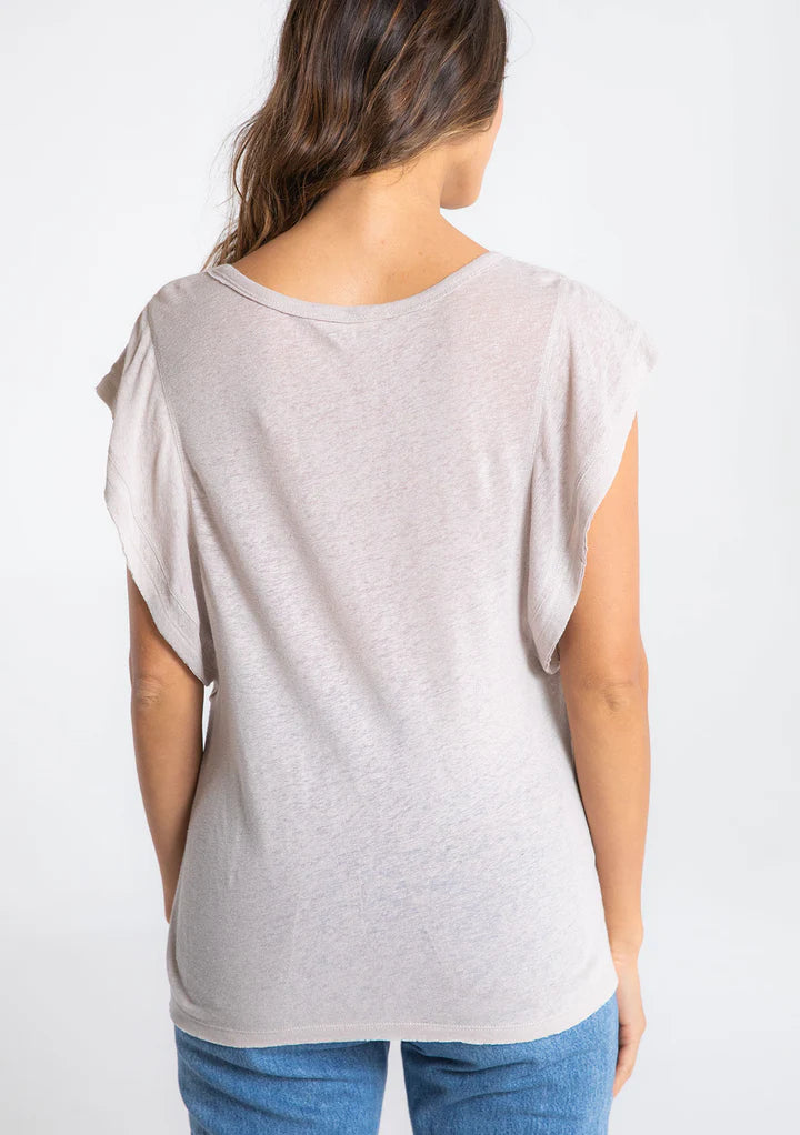 Flutter sleeve crew neck knit top in mushroom back view