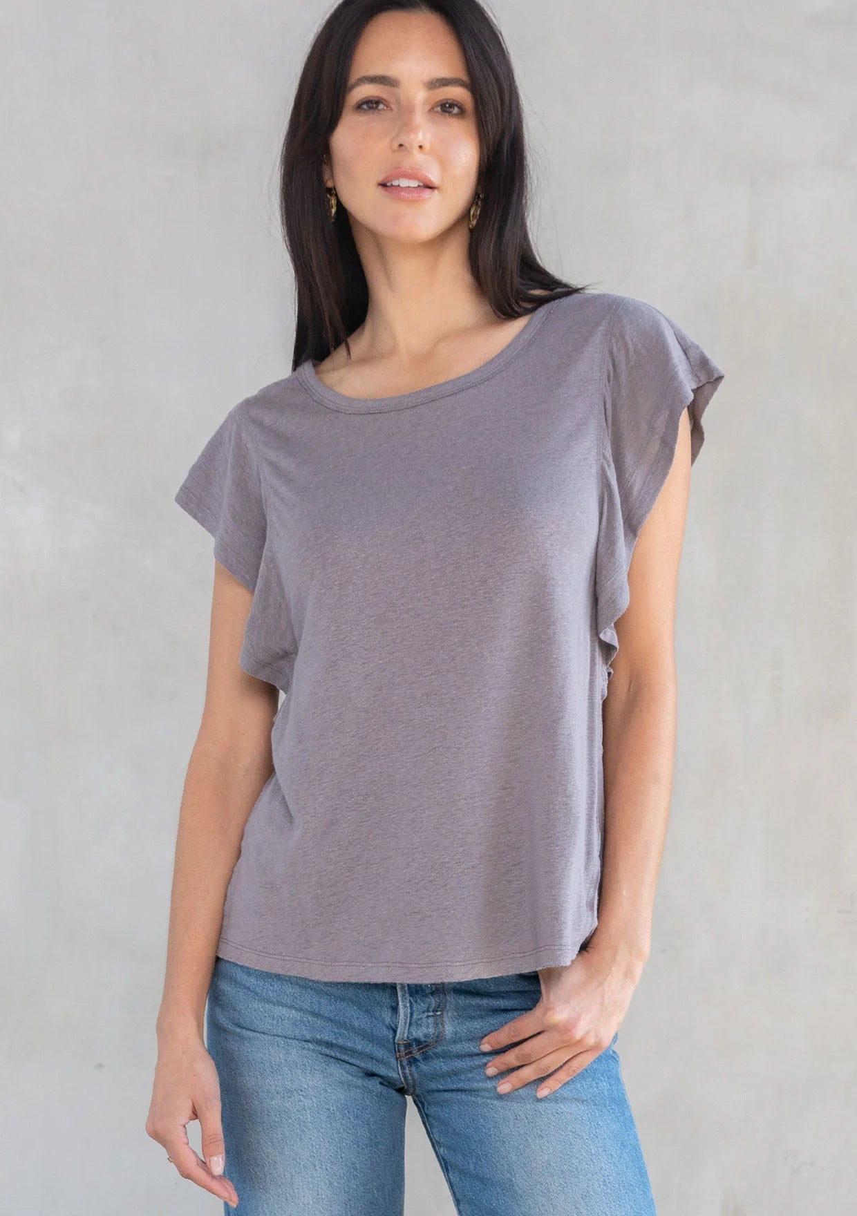 Flutter sleeve crew neck knit top in smoke front view