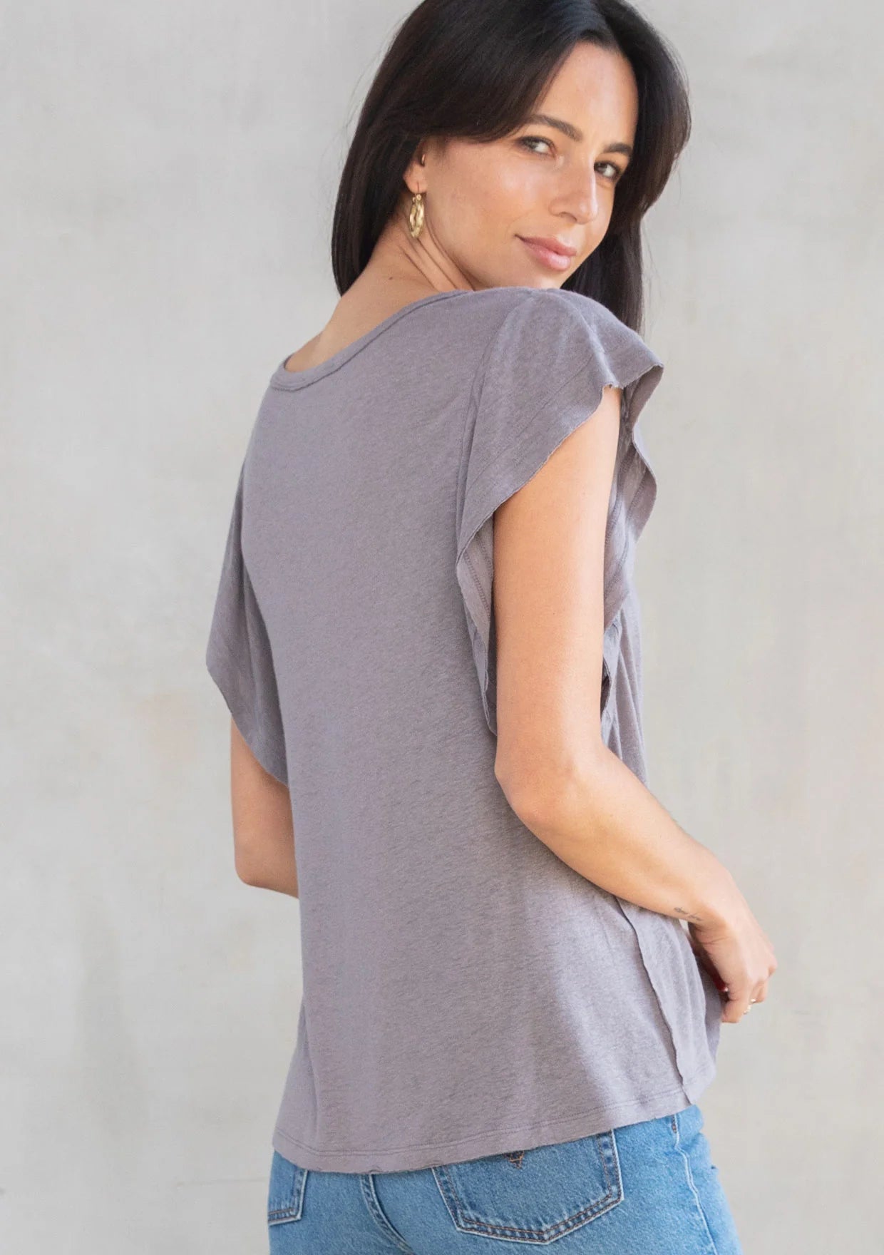Flutter sleeve crew neck knit top in smoke back view