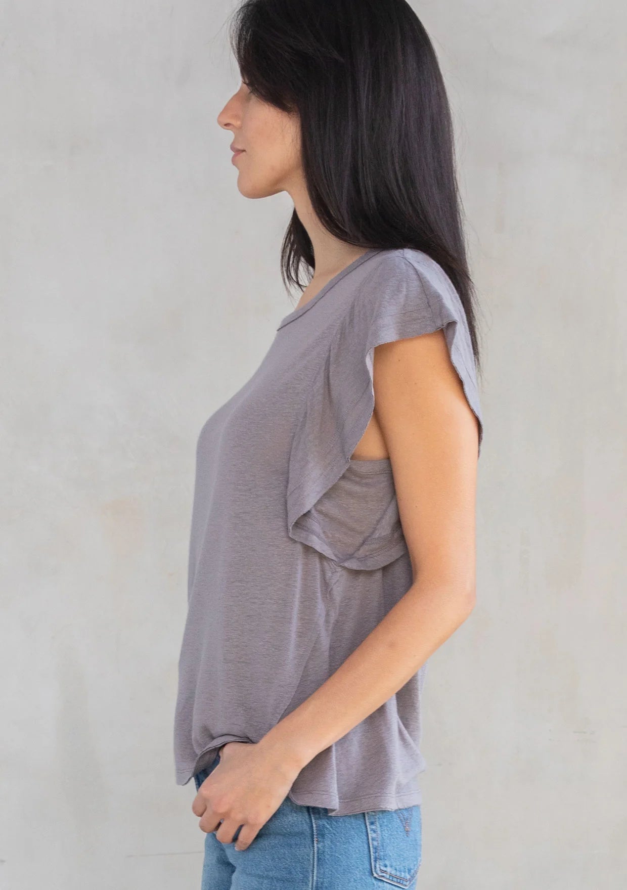 Flutter sleeve crew neck knit top in smoke side view