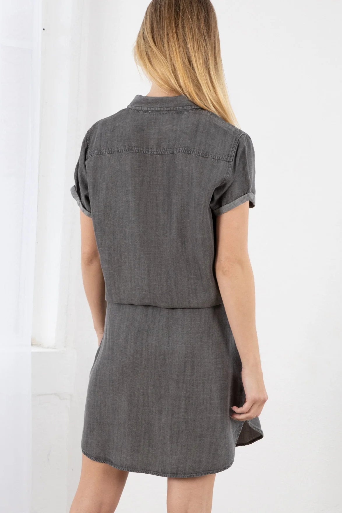 TENCEL SHORT SLEEVE MINI SHIRT DRESS IN ASH WASH BACK VIEW