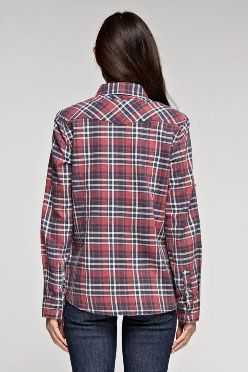 LONG SLEEVE PLAID SNAP FRONT SHIRT IN RED/BLACK/OFF WHITE BACK VIEW