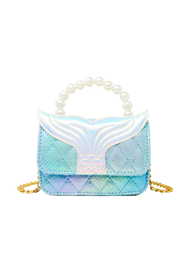 MERMAID TAIL PEARL HANDLE BAG IN BLUE FRONT VIEW