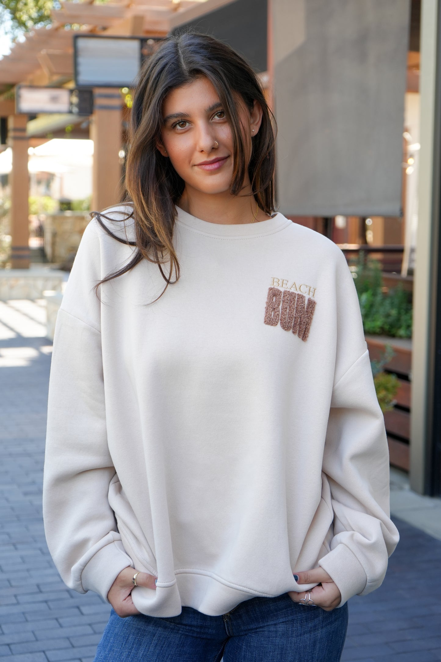 BEACH BUM FLEECE CREW NECK IN TAN FRONT VIEW