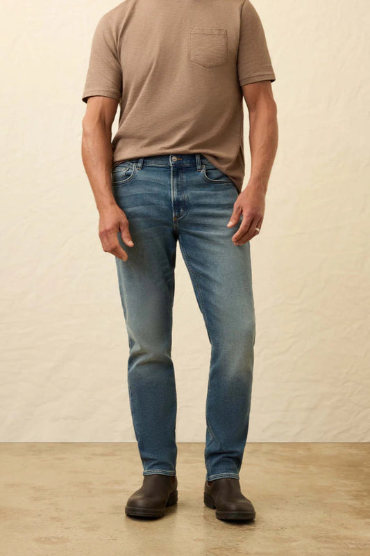 Stretch terry 5 pocket pant in indigo ocean wash front view