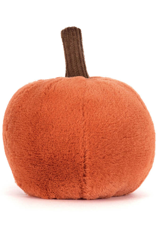 Plush pumpkin toy with a brown stem on a white background