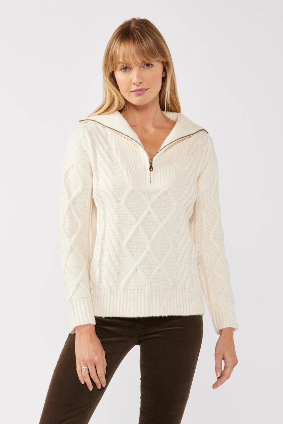 V-NECK ZIPPER PULLOVER SWEATER IN NATURAL FRONT VIEW