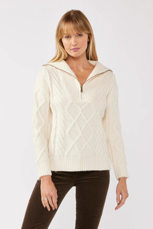 V-NECK ZIPPER PULLOVER SWEATER IN NATURAL FRONT VIEW