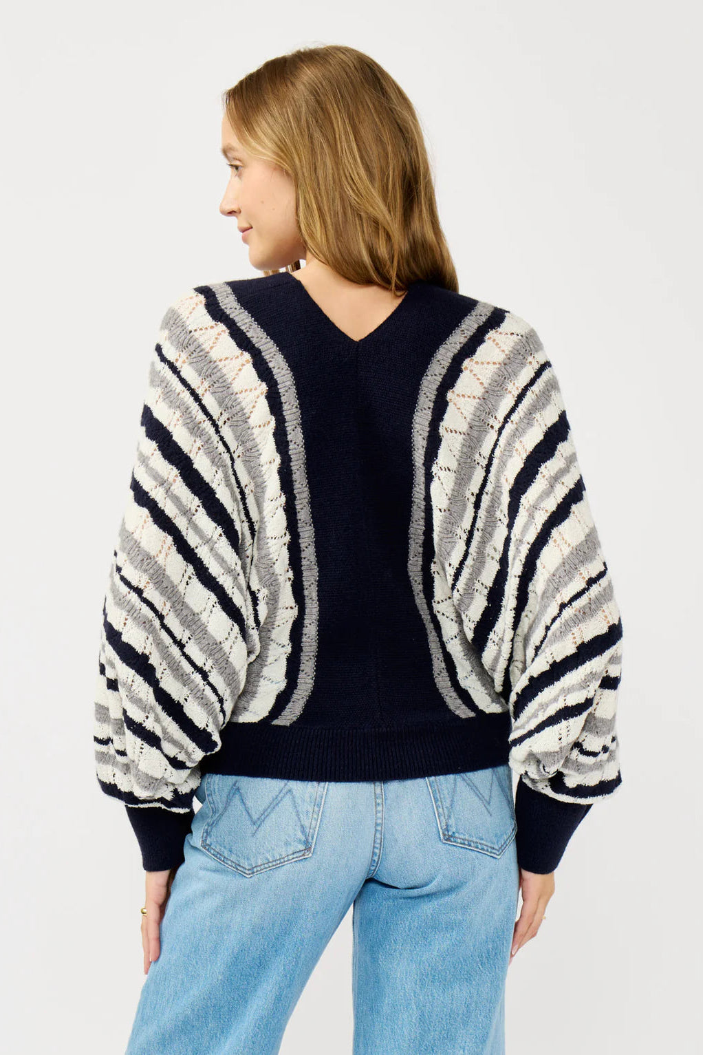 STRIPE V-NECK POINTELLE SWEATER IN NAVY/ASH BACK VIEW