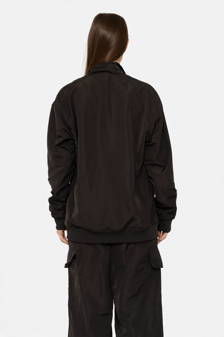 Water resistant satin oversized jacket in black back view