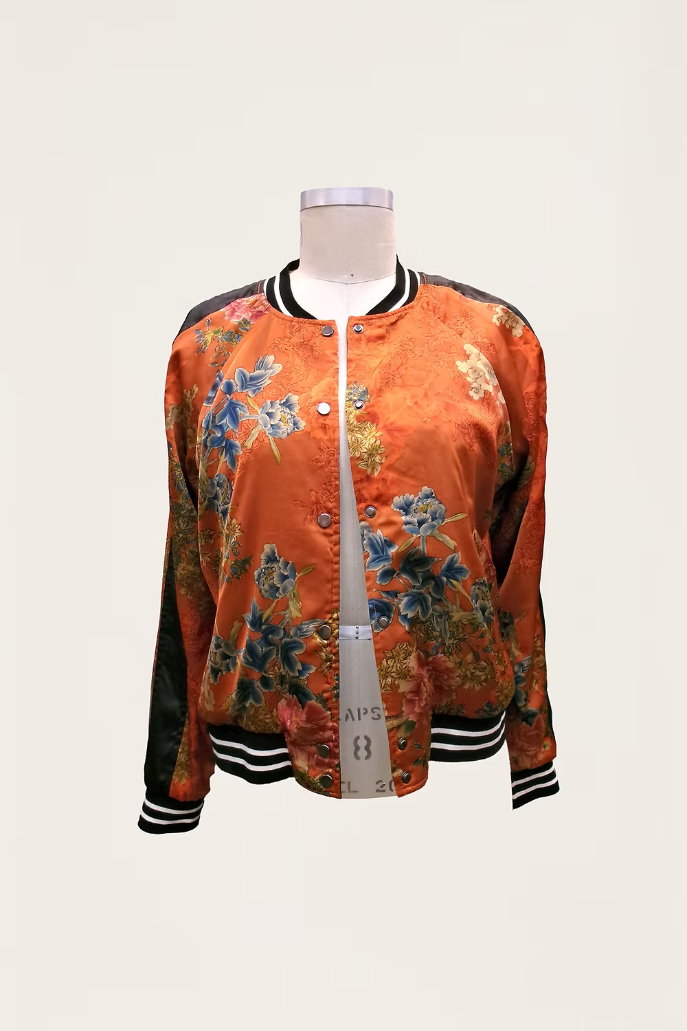 REVERSIBLE PRINT SATIN BBALL JACKET IN BLACK INSIDE FRONT VIEW