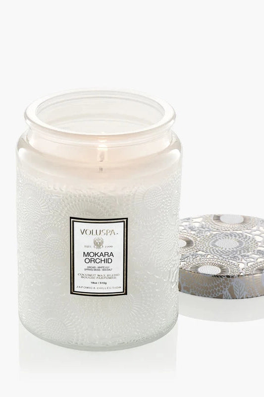 Voluspa large jar candle 18oz with lid, Mokara Orchid scent