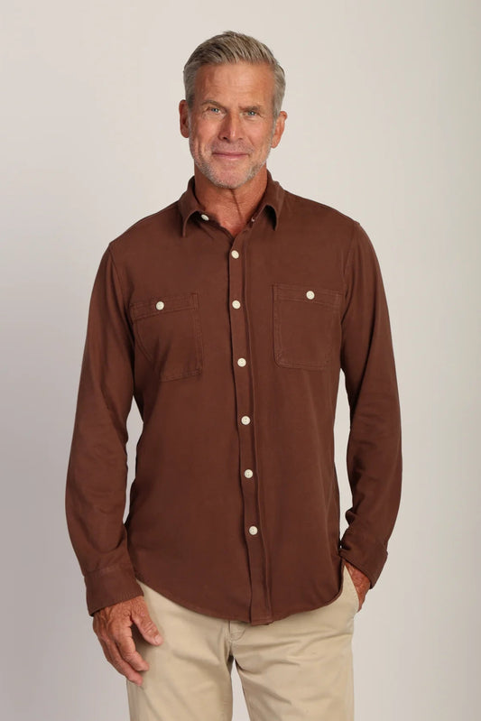 VINCE KNIT LONG SLEEVE SHIRT IN CHOCOLATE FRONT VIEW