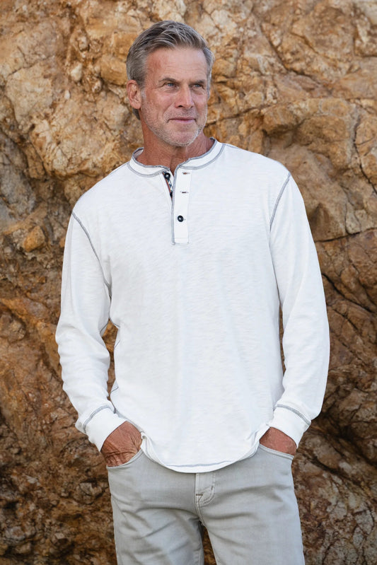 HERITAGE SLUB LONG SLEEVE HENLEY IN VINTAGE CHALK FRONT VIEW