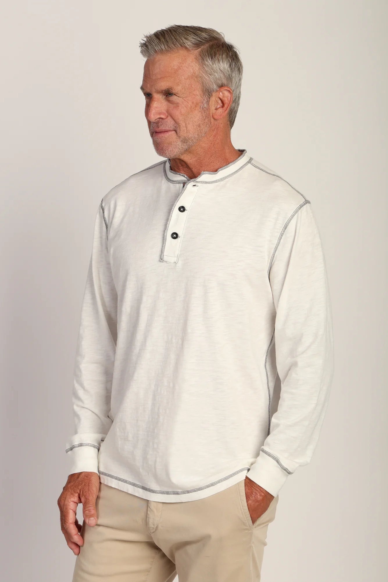 HERITAGE SLUB LONG SLEEVE HENLEY IN VINTAGE CHALK SIDE VIEW