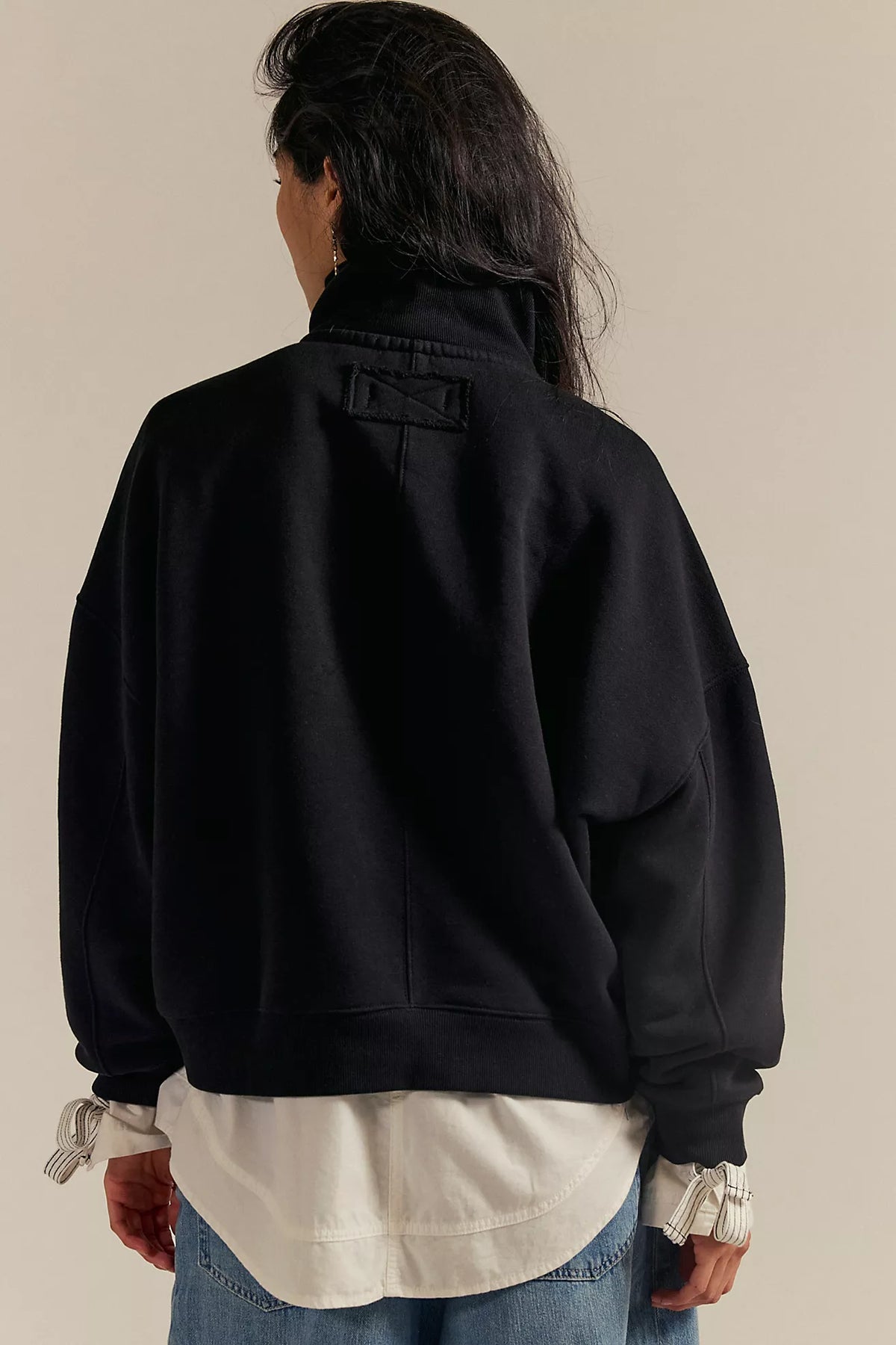 Black pullover sweatshirt back view with rectangular yoke detail and ribbed collar