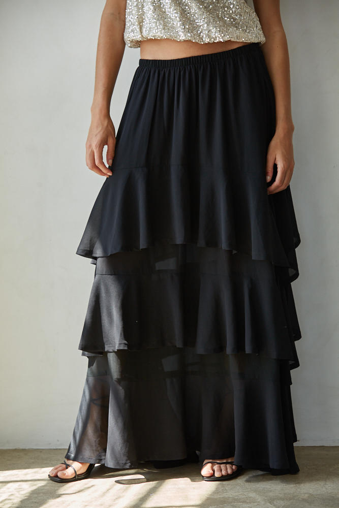FAY TIERED RUFFLE SKIRT IN BLACK FRONT VIEW