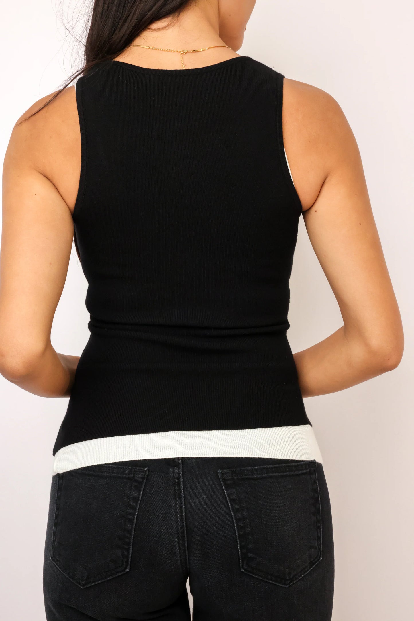 JORDYN LAYERED TANK TOP IN BLACK AND OFF WHITE BACK VIEW