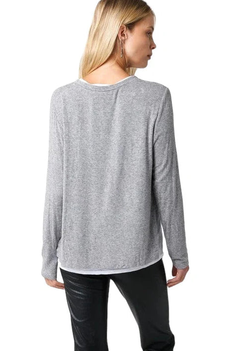 LINED CREW NECK SWEATER IN CHARCOAL AND WHITE BACK VIEW