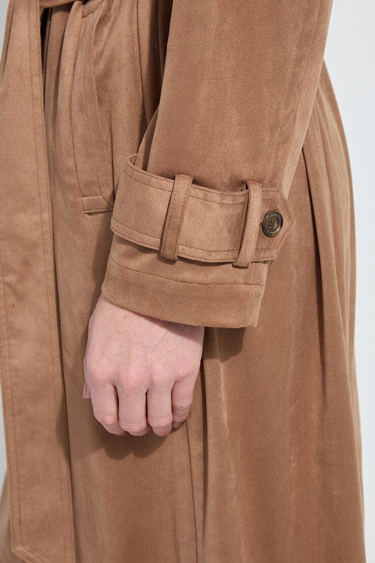 AGATHA VEGAN SUEDE TRENCH COAT IN LUX CAMEL SIDE CLOSE UP VIEW