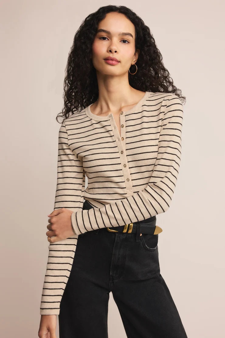 LONG SLEEVE EVE STRIPE HENLEY TOP IN LIGHT OATMEAL HEATHER FRONT VIEW
